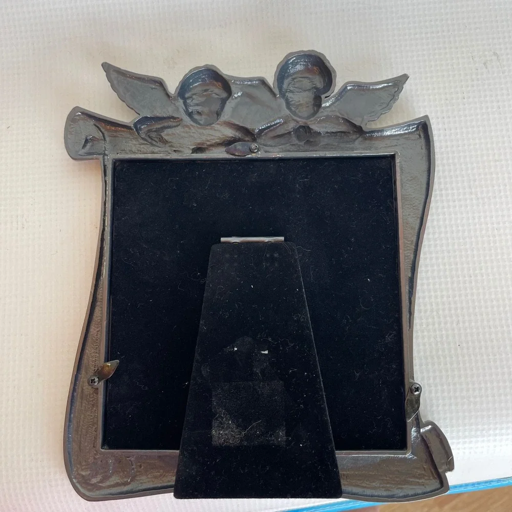 Cherub Scroll Picture Frame Pewter Tone Angel 5x5 Vintage Style Tabletop Decor